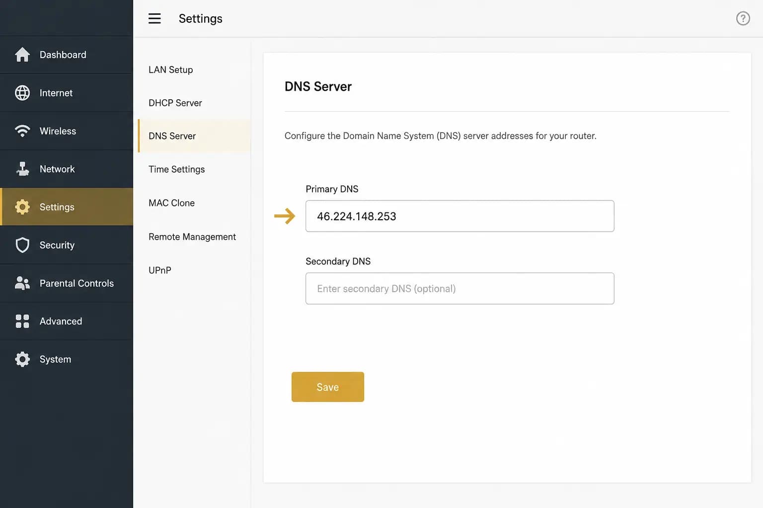 Screenshot: a router's plain Primary/Secondary DNS fields with an example fallback address.