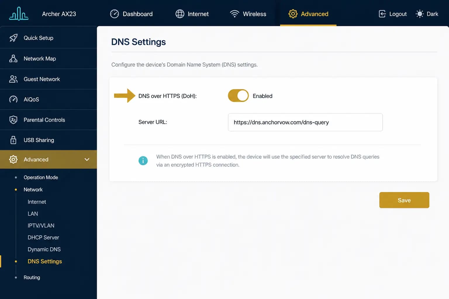 Screenshot: TP-Link Archer admin panel showing Advanced → DNS Settings with DoH option.